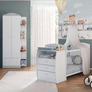 Imagem de Berço Cômoda com Guarda Roupa Multifuncional Mp4347 em MDP Branco Colorido para Bebê