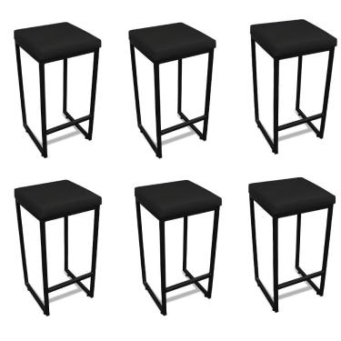 Imagem de Kit 6 Banquetas Alta Nick Industrial Metal Assento Couro Sintético 70 cm Preto D'Rossi