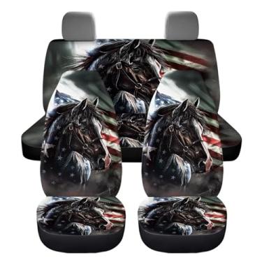 Imagem de LACIYISON Capas de assento de carro, cavalo e bandeira dos EUA, conjunto completo de 4 peças, capas de banco divididas dianteiras e traseiras, ajuste universal para a maioria dos carros, SUVs, Vans e