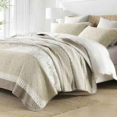 Imagem de CozyQQ Colcha 100% algodão orgânico – colcha king size para camas, colcha acolchoada moderna clássica marrom cinza bege xadrez leve casa de fazenda, conjunto de cama com edredom de 3 peças com 2