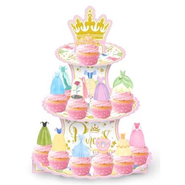 Imagem de Suporte de bolo de sobremesa princesa de 3 camadas com 24 topos de cupcake, decorações de suprimentos de festa rosa e dourado, torre de suporte de 28 cm para aniversário, casamento, festa de chá