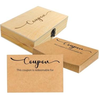 Imagem de BeeGreeny 50 cartões de cupom em branco com caixa de madeira, cupons de amor para ele, ela, resgatar vouchers de presente para marido, esposa, namorado, namorada, livro de cupons DIY para casais