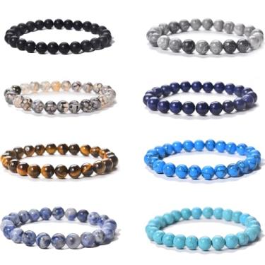 Imagem de Asingeloo Pulseiras masculinas com contas de pedra natural, conjunto de pulseiras elásticas semipreciosas de 8 mm, olho de tigre amarelo, pedra jaspe, ônix preto, lápis-lazúli azul, 18 cm, 7.09inch