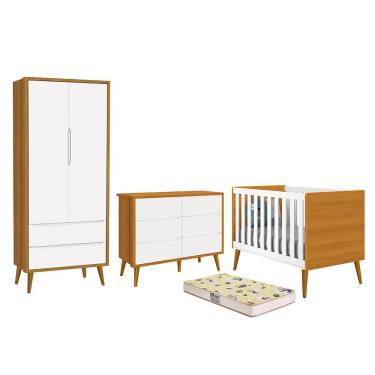 Imagem de Dormitório Completo Infantil Theo 2 Portas, Cômoda 6 Gavetas, Berço com Pés Amadeirado e Colchão D18 - Reller Móveis Branco/Savana
