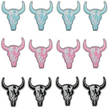 Imagem de Emblema de caveira de touro bordado caubói ocidental aplique bordado cabeça de boi remendo bordado para roupas mochila bolsa camiseta chapéu coletes jaquetas pacote com 12 (multicolorido)