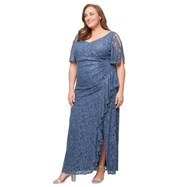 Imagem de Alex Evenings Vestido feminino longo elástico de renda e lantejoulas mãe da noiva com mangas esvoaçantes ombro vazado (tamanho grande), Wedgewood, 52