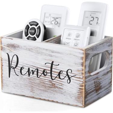 Imagem de NFASHIONSO Suporte de controle remoto, suporte remoto de TV, suporte de madeira para mesa com 2 compartimentos, organizador de mídia de TV de sala de estar