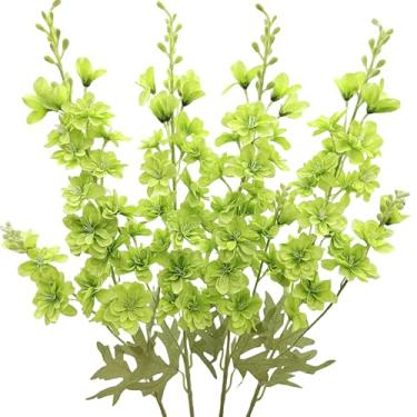 Imagem de FERIAL Flores artificiais Delphinium de seda larkspur flores falso Snapdragon haste longa planta falsa arranjo de spray 4 peças verdes para casa, escritório, jardim, casamento, mesa, decoração