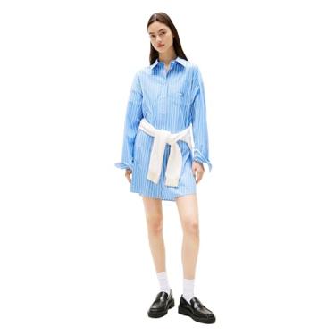 Imagem de Tommy Jeans Vestido feminino com logotipo da bandeira, Ecru/listra azul, P