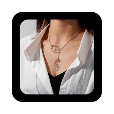 Imagem de Vacaonio Boho Colar de folha oca Y Lariat colar de folha longa filigrana colar com pingente de folhas douradas, colares de folhas duplas, joias para mulheres, Zinco, Sem Pedra Preciosa