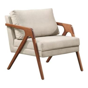 Imagem de Poltrona Decorativa Luxo Madeira Maciça Tec Linho Bege Claro - Da'tela