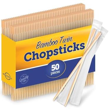 Imagem de MontoPack Individually Wrapped Twin Chopsticks | Bulk 50 Pack Disposable Wooden Chopsticks | Chinese Bamboo Splinter-Free Party Utensil for Sushi, Rice, Noodles & All Asian, Japanese, Korean Dishes