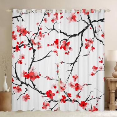 Imagem de Feelyou Cortinas de flor de ameixa (2 painéis, 132 x 163 cm) para crianças, estilo chinês, sonhos de escurecimento, para meninos, meninas, adolescentes, ameixa vermelha, tratamento de janela com
