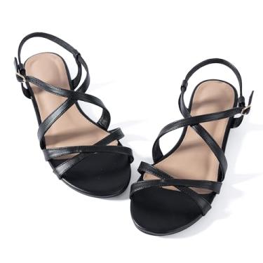 Imagem de YANWENFANG Sandálias rasteiras femininas ajustáveis com tira no tornozelo, gladiador romano, boho, praia, verão, casual, férias, deusa, vintage, italiano, salto baixo, bloco de couro, Tira preta no