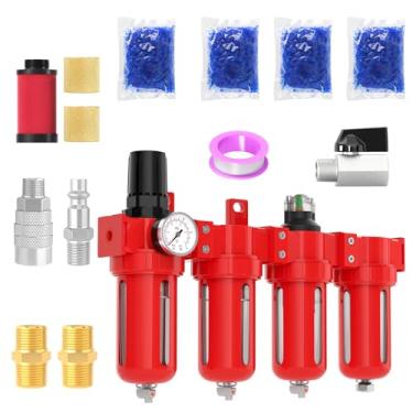 Imagem de MEANLIN Sistema de secagem a ar de alumínio NPT de grau industrial de 4 estágios de 9,5 cm, filtro coalescente, filtro de partículas duplo, secador dessecante e regulador de ar, dreno manual para