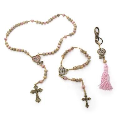 Imagem de Kit Terços e Chaveiro Rosa Mãe de todas as Mães Madeira 8mmm - Amém De