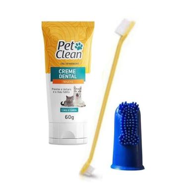 Imagem de Kit Escova de Dente cabo longo Dedeira e Creme Dental Neutro Pet Clean 60g Previne Mau Hálito Tártaro Saude Bucal de Cães e gatos