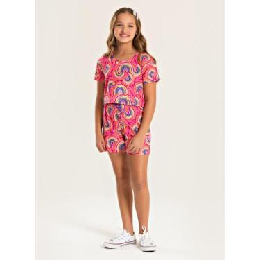 Imagem de Conjunto Verão Menina Pink Cropped e Shorts com Cadarço Arco Íris Retr