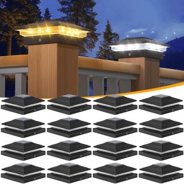 Imagem de APONUO 4 x 4 luzes solares com tampa de poste pacote com 16 - tampa de poste de 15 x 15 cm, luz solar IP64 à prova d'água, 16 luzes LED de 2 modos para ambientes externos para 10 x 12 x 12 cm x 12 cm