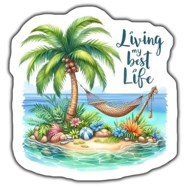 Imagem de Adesivo de férias de ilha tropical, adesivo com citação Living My Best Life, adesivo de palmeiras de rede de praia, adesivo vibrações de verão - adesivo de 12 cm - pacote com 2 - CCSTICKER01167