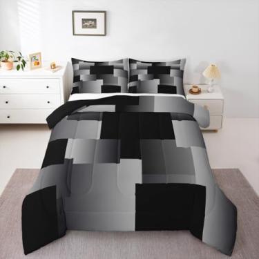 Imagem de Erosebridal Conjunto de cama king geométrico preto e cinza, geométrico, abstrato, moderno, para crianças, meninos, meninas, cinza, arte de renderização, edredom retangular, quadriculado, geométrico, 3
