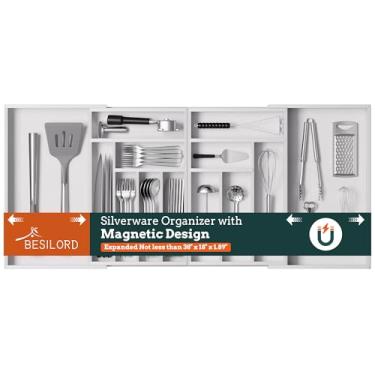 Imagem de Organizador de utensílios de cozinha de bambu, 13 compartimentos, branco