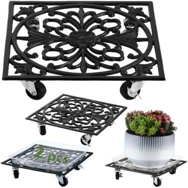 Imagem de DEELF OUTLET Pacote Com 2 Carrinhos Quadrados De Ferro Fundido 12" Rodas, Grande Carrinho Plantador Vintage Resistente, Transporte Vasos, Suportes Rodas Para Áreas Internas E Externas, Rodízios Pret