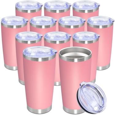 Imagem de Copo de 590 ml de aço inoxidável a granel com tampa, caneca de viagem de parede dupla isolada a vácuo, durável, revestida em pó, caneca para bebidas quentes e frias, rosa, pacote com 12