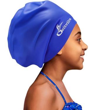 Imagem de Touca de natação extra grande para crianças negras de 4 a 16 anos com tranças de cabelo longo, chapéu de natação de silicone impermeável, turbante, proteção de cabelo para meninos, crianças e jovens
