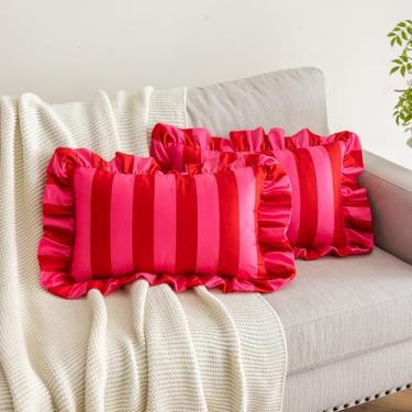 Imagem de vctops Conjunto de 2 fronhas decorativas listradas boho rosa e vermelho com babados lombar, capas de almofada de veludo macio para decoração de sofá cama e sala de estar (rosa, 30,5 x 50,8 cm)