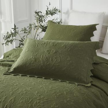 Imagem de Brandream Conjunto de 2 fronhas acolchoadas de algodão king verde oliva tamanho padrão shabby vintage fazenda capas decorativas para cama king size