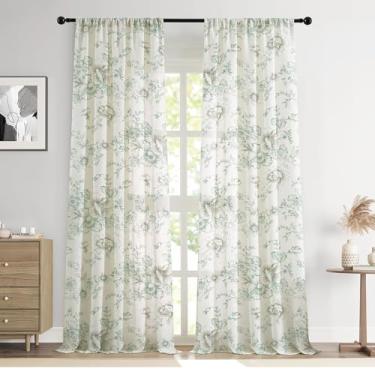 Imagem de Cortinas florais Farmhouse, 203 cm de comprimento, linho, filtragem, luz francesa, para sala de estar, quarto, bolso para varão, sálvia, verde, peônia, estampa de cortinas, 2 painéis