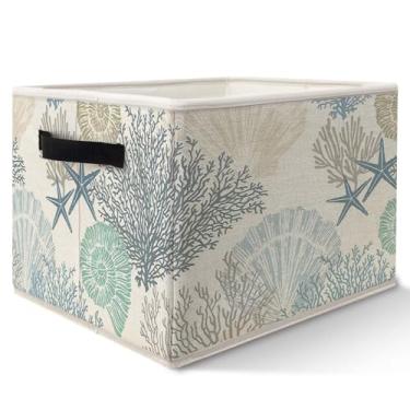 Imagem de Likjad Cesta de armazenamento de praia costeira, decoração de quarto de praia, coral costeiro, estrela-do-mar, concha dobrável, caixa organizadora de brinquedos para quarto, banheiro, roupas, livros