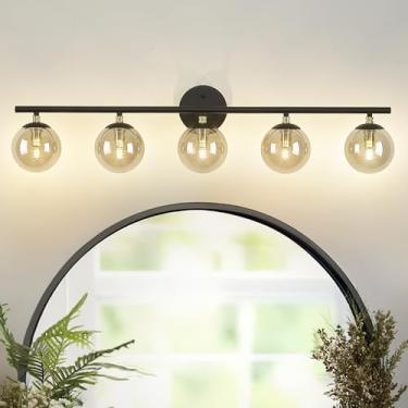 Imagem de LMS Luminária de maquiagem preta fosca de 5 luzes, iluminação de banheiro moderna sobre espelho, acabamento dourado preto e latão com sombra de vidro globo, LMS-116-5