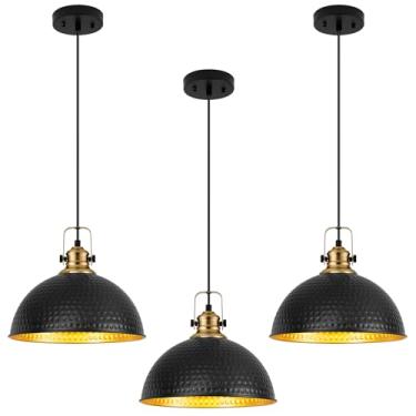 Imagem de Haolaike Luzes pendentes pretas ilha cozinha industrial luminária pendente cúpula cozinha ilha luzes pingente moderno para bar casa de fazenda sala de jantar quarto corredor (3 pacotes)