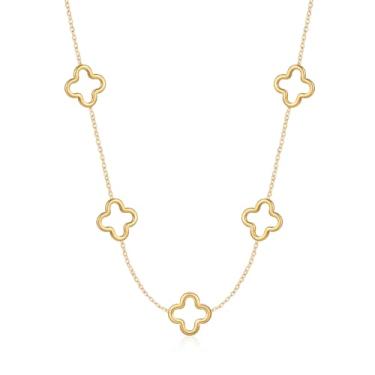 Imagem de MAHSOD Colar de trevo de quatro folhas banhado a ouro 18K requintado colar de trevo de quatro folhas de aço inoxidável flor pingente da sorte joias delicadas presentes, Aço inoxidável, Sem Pedra