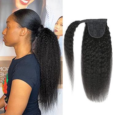Imagem de Adette Rabo de cavalo de cabelo humano liso crespo de 35,5 cm com rabo de cavalo natural preto envolto em torno de extensões de cabelo rabo de cavalo liso 10A para mulheres negras