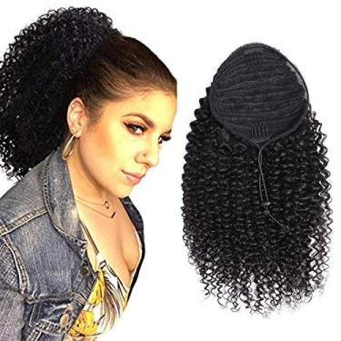 Imagem de Rabo de cavalo de cabelo humano encaracolado com cordão envolvente 1 peça, cabelo brasileiro 3C cor natural afro crespo cabelo cacheado peruca de rabo de cavalo extensões de clipe (40,6 cm)