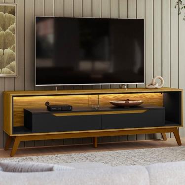 Imagem de Rack para TV Até 65 Polegadas Duo 2 Gavetas com Vidro e Led Cedro/Preto - Olivar Móveis