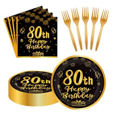 Imagem de LDFDRT 60 peças, pratos e guardanapos de papel para festa de 80 anos, garfos, pratos de bolo de sobremesa em ouro preto, suprimentos de decoração de festa, serve 20 convidados