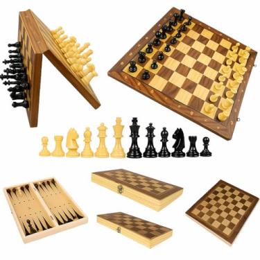 Imagem de Jogo de Xadrez 3 em 1 Magnético Tabuleiro Dobrável, Damas Gamão em Madeira Premium