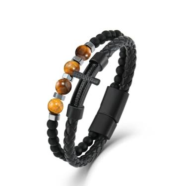 Imagem de FYNSBLE Pulseira masculina preta cruzada, cruz cristã, olho de tigre natural, turquesa, lápis-lazúli/obsidiana cinza, pulseira de couro trançado para homens, pai, com fecho de aço inoxidável, 8.66 IN