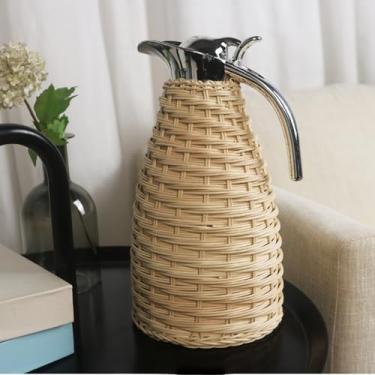 Imagem de Garrafa térmica de café de aço inoxidável de 2 litros, jarro de vime tecido à mão, garrafa de bico em forma de U, para manter líquidos quentes, para lojas de bebidas, viagens em casa (cor: natural 2)