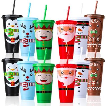 Imagem de XLSXEXCL 12 copos de Natal reutilizáveis com tampas e canudos, copos de plástico de 680 g para festa de Natal