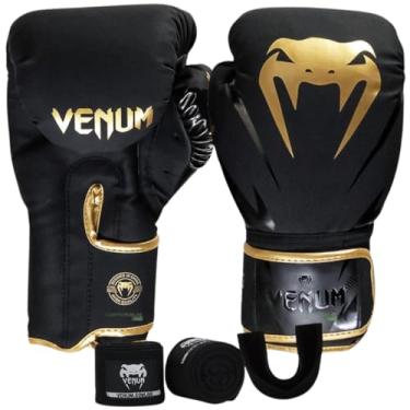 Imagem de Kit Venum Boxe Muay Thai 16 Oz Luva Bandagem Bucal New Impact Evo Kickboxing Preto Dourado Profissional