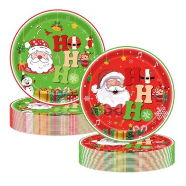 Imagem de 50 peças de pratos de papel de Natal, suprimentos de festa, pratos de papel de Papai Noel, pratos de sobremesa descartáveis de 18 cm, conjunto de utensílios de mesa de Natal para Natal, inverno