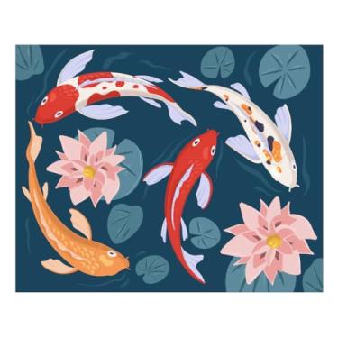 Imagem de Don't Be Koi – Kit de pintura moderna por números de meados do século 20 x 25 com lago de carpas e flores de lírio | Kit de arte DIY fácil para adultos e iniciantes | Inclui tela, tintas acrílicas