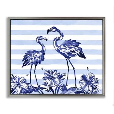 Imagem de Stupell Industries Arte de parede em tela flutuante cinza com flamingos índigo sobre listras, design de Paul Brent, 17 x 21