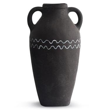 Imagem de Vaso grande de cerâmica preto, 36,8 cm H Vaso decorativo rústico de mesa de mesa, vasos altos de terracota de cerâmica, sala de estar, banheiro, casamentos, decorações