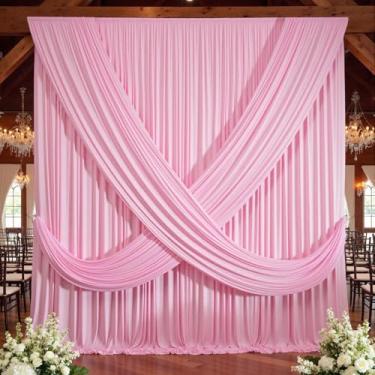 Imagem de Cortina de fundo rosa sem vincos de 5 × 3 m para festas de casamento, 4 painéis de 1,5 x 3 m de comprimento, cortinas de fundo de poliéster sedoso macio para fotos de festa e pano de fundo